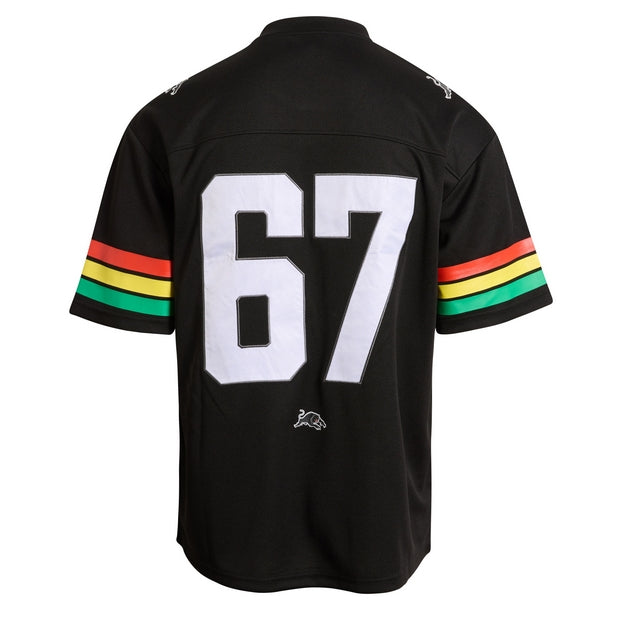 Black NRL gridiron jersey with number 67 and colorful stripes on sleeves