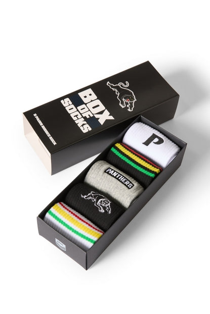 Box of NRL socks with Panthers logos on