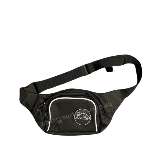 A black bumbag with an adjustable strap and double zip closure, featuring a team logo on the front.