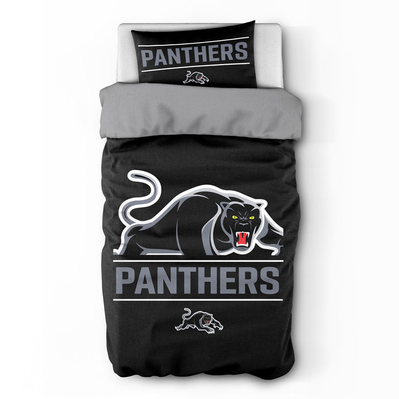 Black bedding set with panther logo and 'Panthers' text