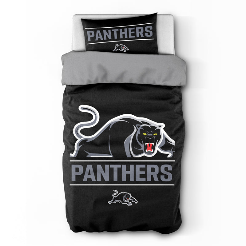 Black bedding set with panther logo and 'Panthers' text