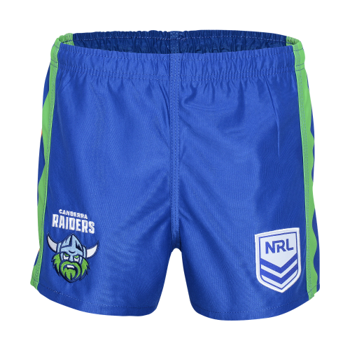 Blue sports shorts with green accents featuring Canberra Raiders logo and NRL emblem on a white background