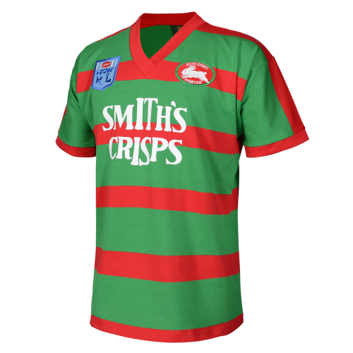 South Sydney Rabbitohs 1989 retro jersey with red and green horizontal stripes, Smith's Crisps sponsor logo, and retro team badge.