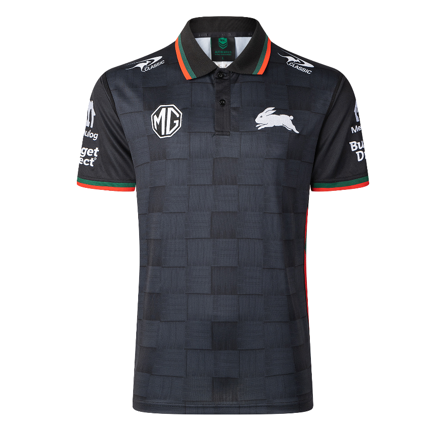 Black sports jersey with various logos on a white background