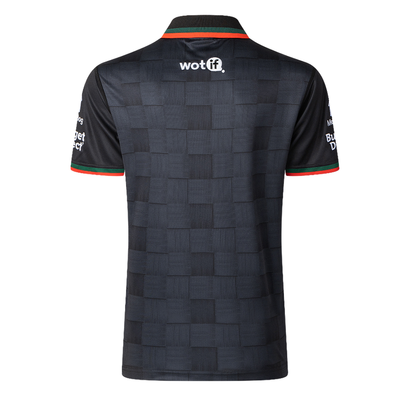 Black sports jersey with branding on a white background