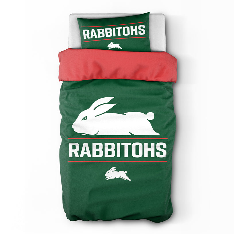 Green and red bedding set with 'Rabbitohs' branding and logo