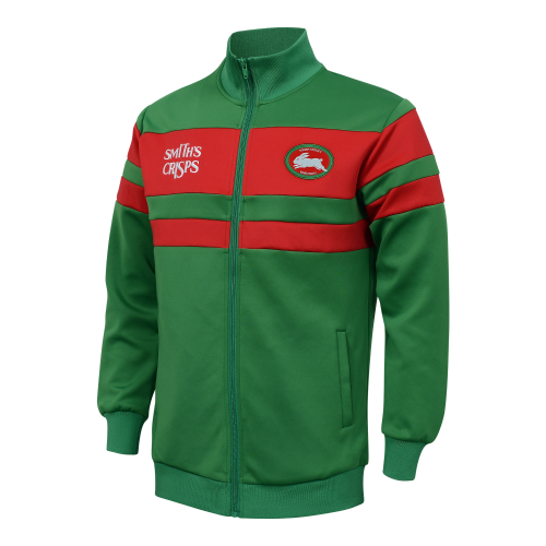 South Sydney Rabbitohs Retro Jacket in green with red accents, featuring a full zipper and elasticated cuffs.