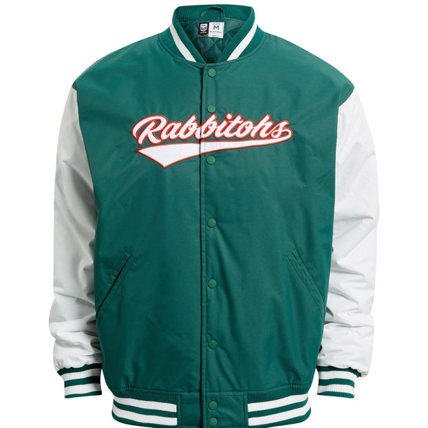 A South Sydney Rabbitohs Varsity Jacket with a green body, white sleeves, and red text logo on the front.