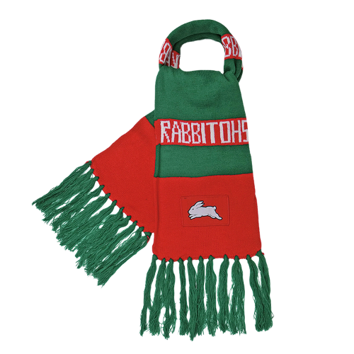 A traditional knit scarf in green and red with 'RABBITOHs' text and a logo on it, featuring fringes at the bottom.