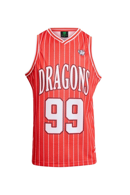 Red NRL basketball singlet with 'DRAGONS' and number '99'