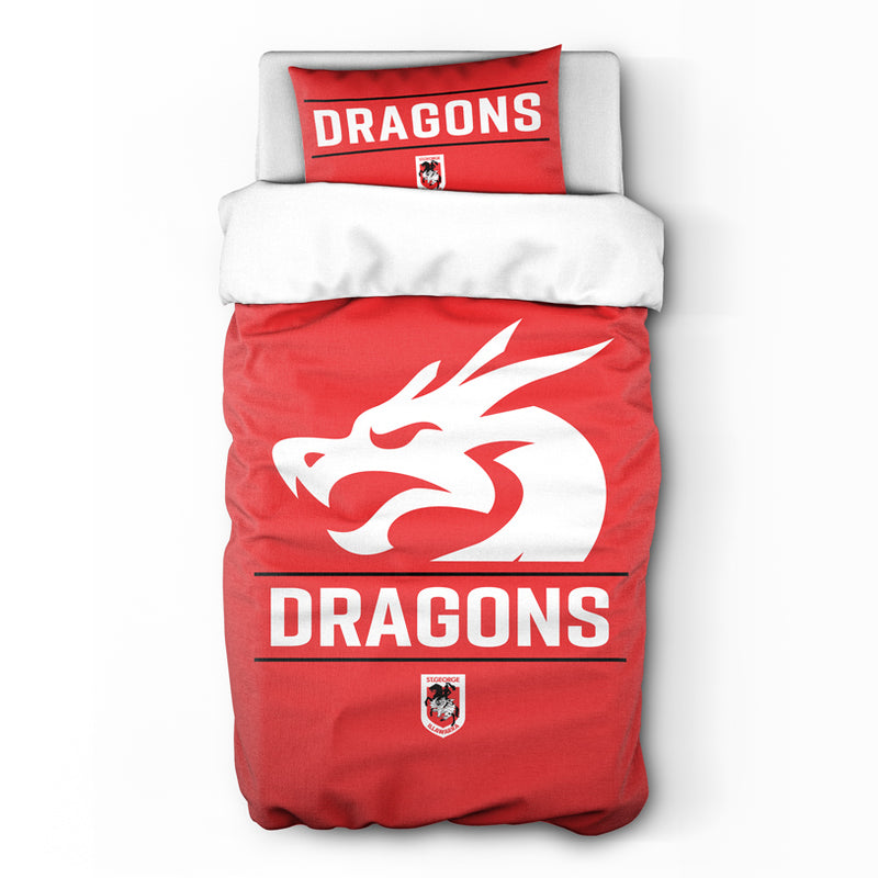 Red and white bedding set with 'DRAGONS' branding and logo