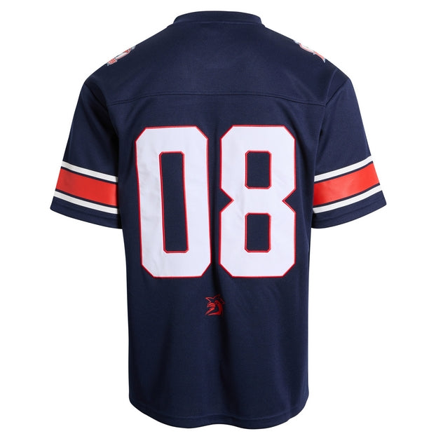 Navy blue NRL gridiron jersey with white number 08 and red accents