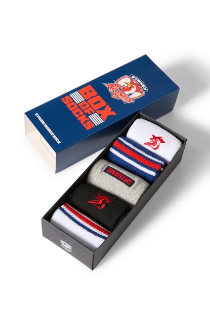 Box of NRL socks with Roosters logo on