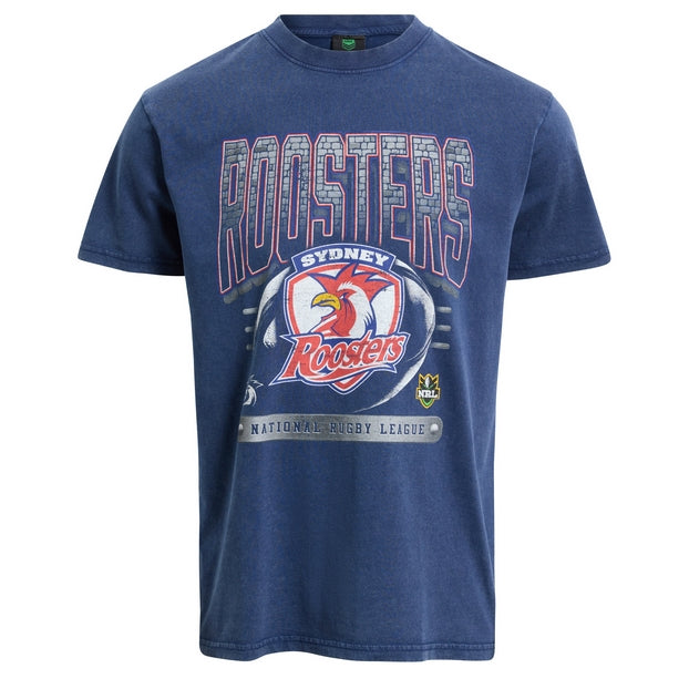 Blue t-shirt with 'Roosters Sydney' logo on