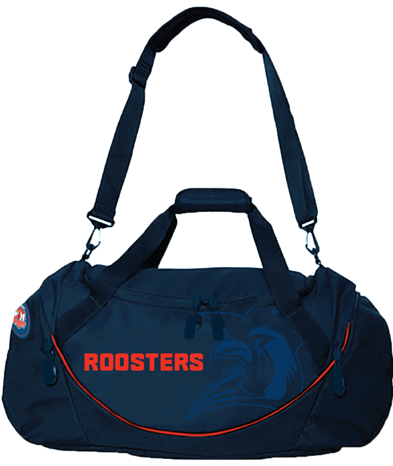 A navy blue Sydney Roosters sports bag with a 3D rubber logo, heavy duty ripstop nylon, zippered wet compartment, and dual carry handles.