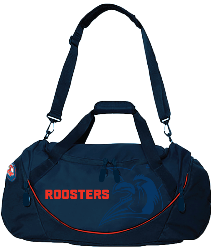A navy blue Sydney Roosters sports bag with a 3D rubber logo, heavy duty ripstop nylon, zippered wet compartment, and dual carry handles.
