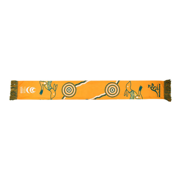 Yellow scarf with Aboriginal design and branding on a white background