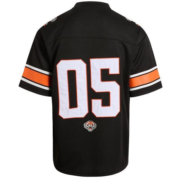 Black NRL gridiron jersey with orange and white accents