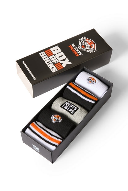 Box of NRL socks with Tigers logo on