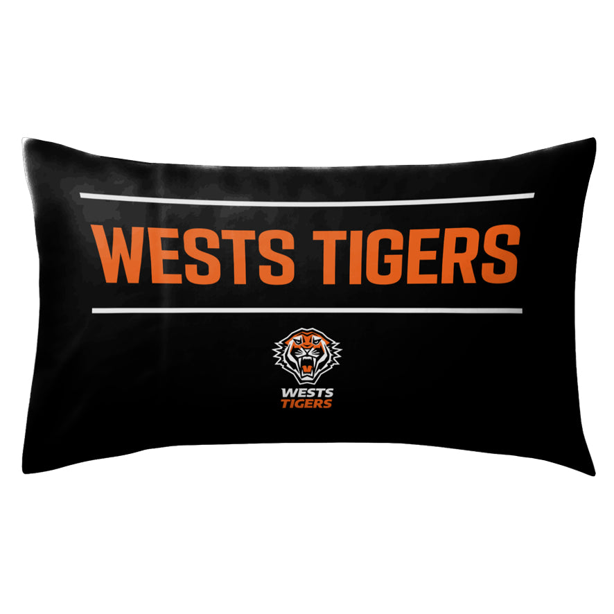 Black pillowcase with 'Wests Tigers' text and logo