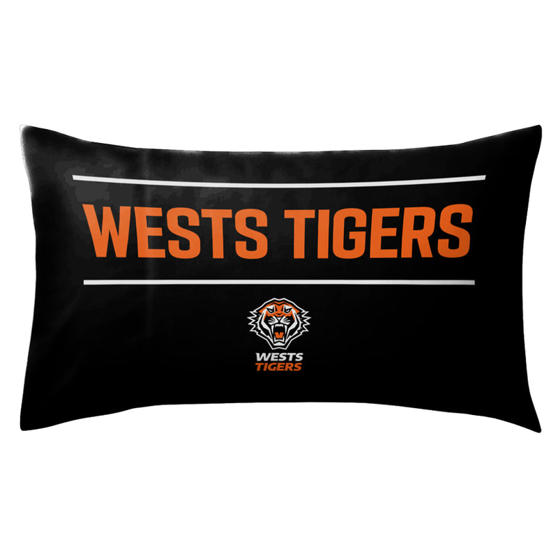 Black pillowcase with 'Wests Tigers' text and logo
