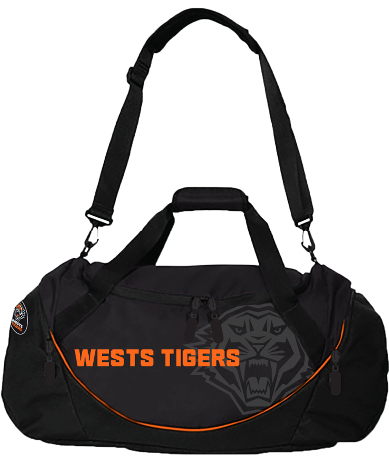Black west tigers sports bag with a 3D rubber logo, dual carry handles, and an additional front compartment.