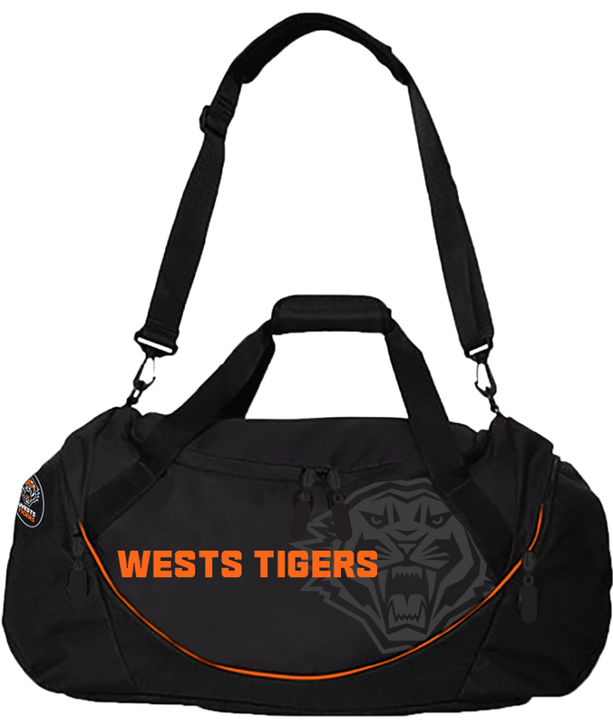 Black west tigers sports bag with a 3D rubber logo, dual carry handles, and an additional front compartment.