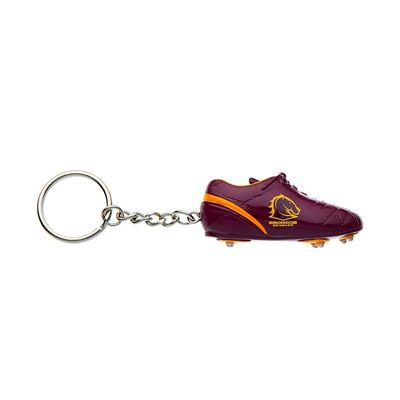 A keyring featuring a molded plastic representation of a boot, in team colors with a logo on the side, attached to a metal keychain.