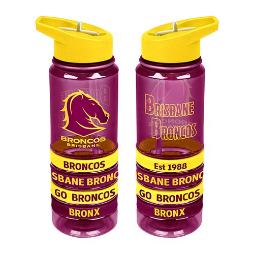 Plastic Brisbane Broncos drink bottle with yellow lids and maroon bodies, featuring the team's logo and the text 'Broncos' and 'Go Broncos'.