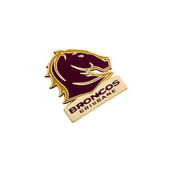 A metal pin featuring the Brisbane Broncos rugby league team logo.