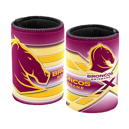 neoprene stubby coolers featuring the Brisbane Broncos logo in maroon and gold colors.