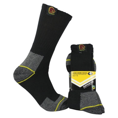 Brisbane Broncos Work Socks 2pk Comfortable and Hard wearing, Great for ladies wearing boots too
Sizes (7 - 11) and (11 - 14) Black with Team Logo 
