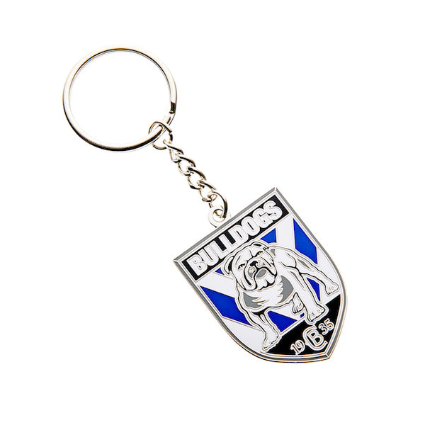 A metal keyring with a Canterbury Bulldogs logo, featuring a stylized bulldog design on a shield-shaped background with the word 'Bulldogs' and the letter 'C'.