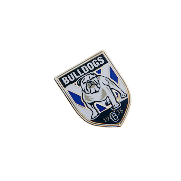 A pin badge featuring the Canterbury Bulldogs logo, predominantly blue and white in color, with a metal backing.