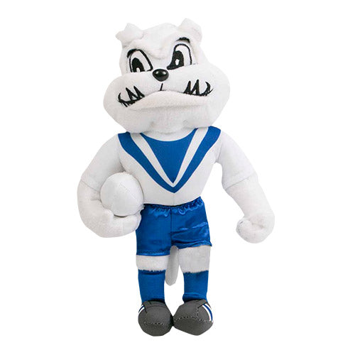 A plush toy resembling a Bulldogs mascot, in blue and white colors, holding a white football.
