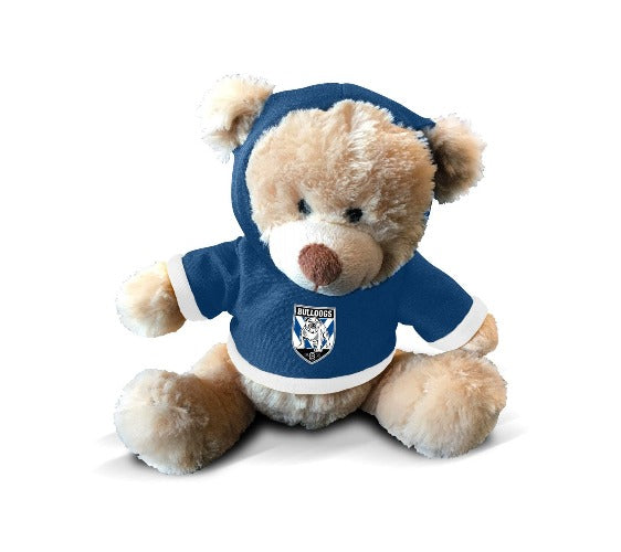 A plush teddy bear wearing a blue hoodie with the Bulldogs logo on the front.