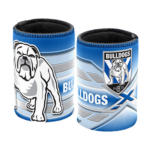 Canterbury Bulldogs stubby cooler with blue and white design featuring the team's logo.