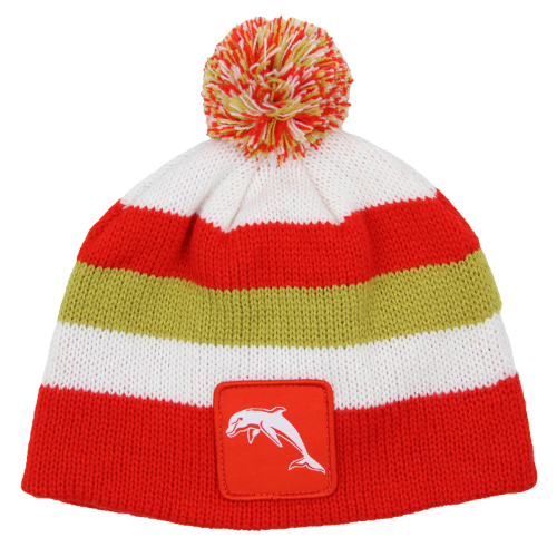 A striped knit beanie for babies or toddlers with a pom-pom on top, featuring red, white, and gold colors, and a dolphin emblem on the front.