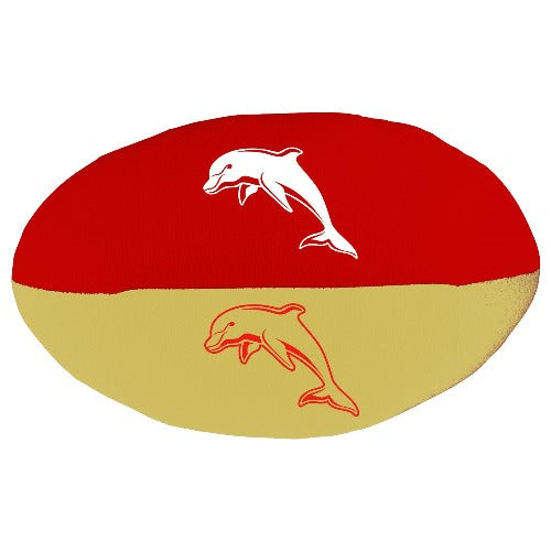 A plush toy resembling a football with a red and yellow color scheme and dolphin motifs.