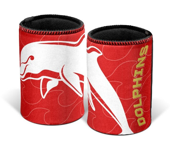 neoprene stubby cooler with a red and white color scheme and a dolphin logo, one with a visible brand name 'DOLPHINS'.