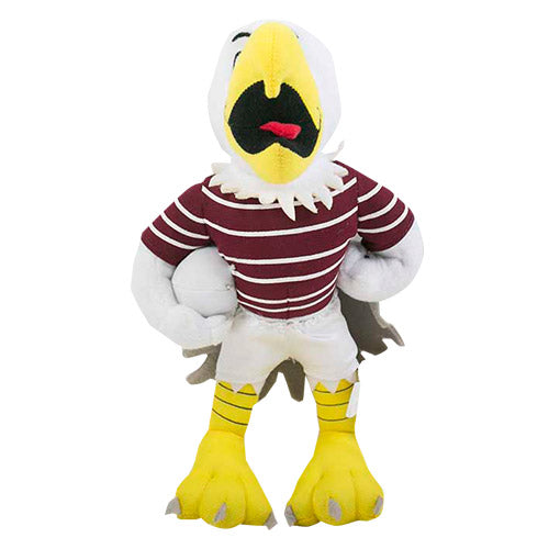 A plush toy resembling a sea eagle with a maroon and white striped shirt and yellow legs.