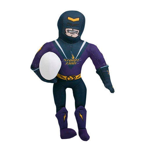 A plush toy resembling a cartoon Storm mascot wearing a purple shirt and holding a white football.