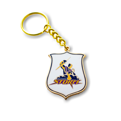 A Shield shaped keyring with a Melbourne Storm logo.