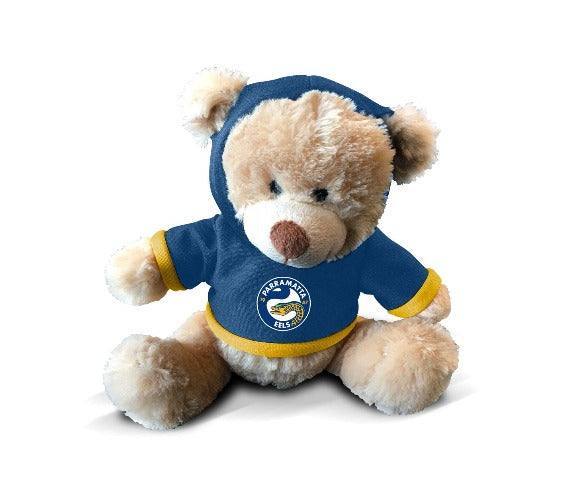 A plush teddy bear wearing a navy blue hoodie with a Parramatta Eels logo on the front.