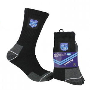 NSW Blues Work Socks 2pk Comfortable and Hard wearing, Great for ladies wearing boots too
Sizes (7 - 11) and (11 - 14) Black with Team Logo 