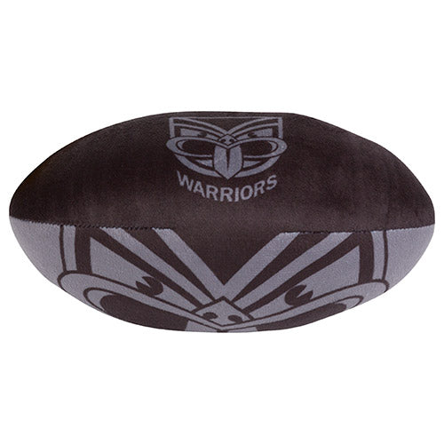 A plush toy resembling a football with 'WARRIORS' text and a Maori design in black and gray.