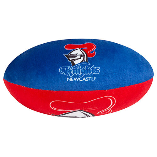 A plush football toy with blue, red, and white colors, featuring the Newcastle Knights logo.