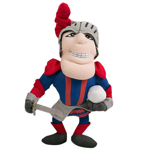 A plush toy representing the Newcastle Knights mascot, dressed in a knight's costume with a red and blue striped tunic, holding a ball and chain.
