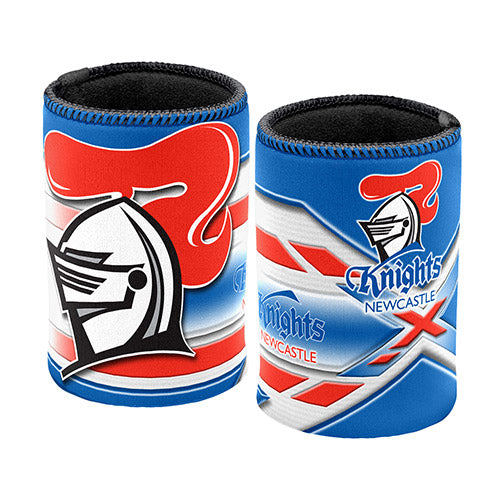 Newcastle knights stubby cooler with logo, blue and red, featuring geometric patterns and the name 'Knights' on them.