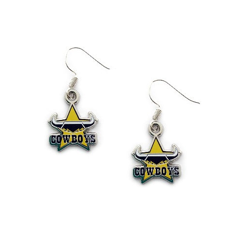 A pair of North Queensland Cowboys logo earrings with fish hook closures, featuring the team's color scheme and star logo.